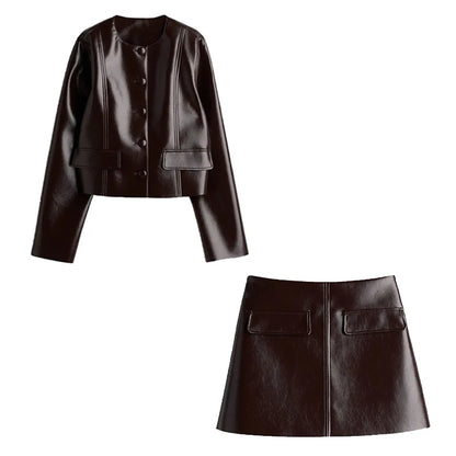 Vintage Women Leather Sets Lapel Single Breasted Jacket Slim Fit Mini Skirt Retro Fashin Female Suit 2024 Lady Jacket Skirt Sets