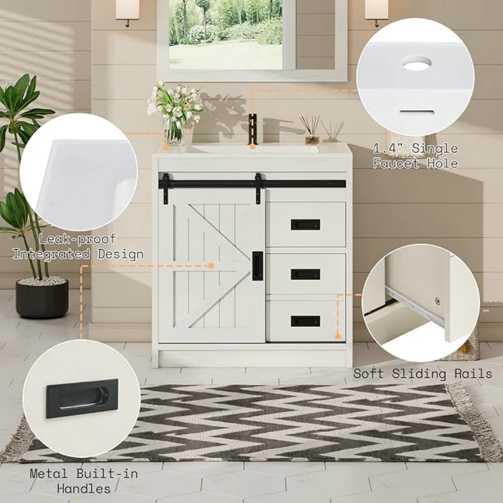 Farmhouse Bathroom Vanity with Sink Combo,Sliding Barn Door Bathroom Vanity Cabinet Set with Storage Drawers, Metal Handles
