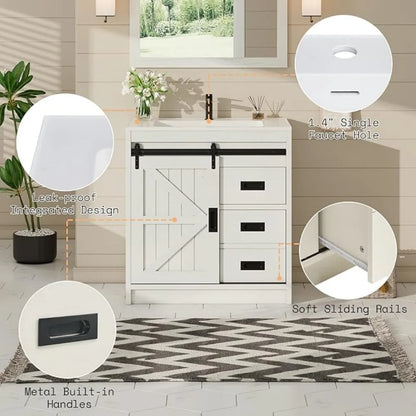 Farmhouse Bathroom Vanity with Sink Combo,Sliding Barn Door Bathroom Vanity Cabinet Set with Storage Drawers, Metal Handles