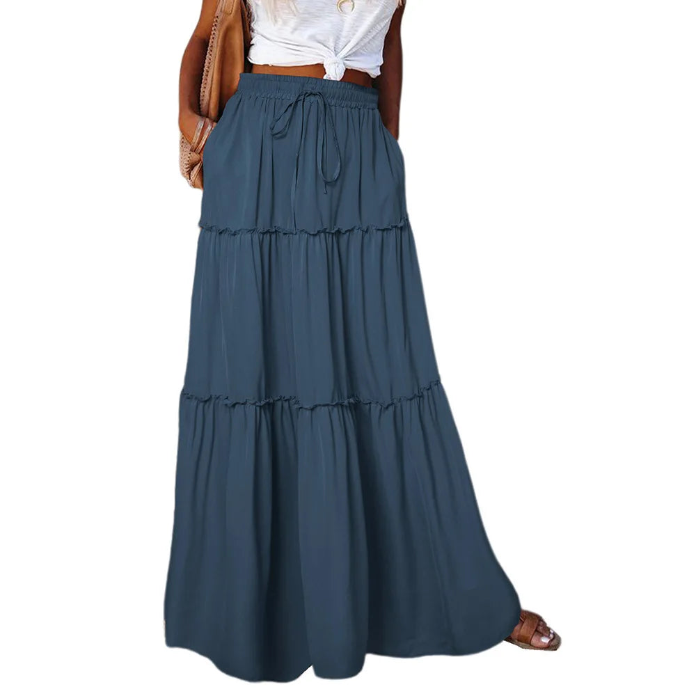 Women's Spring  Autumn New Long Skirt Solid Color Fashionable Mushroom Layered Skirt High Waist Elastic Ruffle Skirt