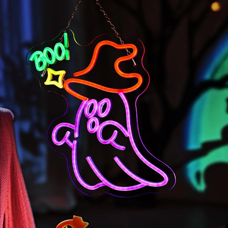 Colorful neon witch hat Halloween wall decoration with a ghost and Boo message for festive decor