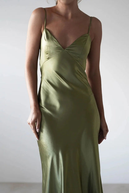 EtherealBe Sexy Satin Halter Dress in Olive Green