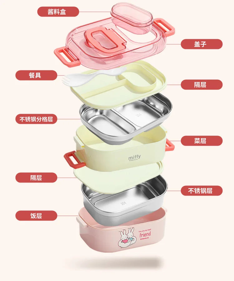 Kawaii Miffy Stainless Steel Divided Lunch Box Water Heated Student Lunch Box Cartoon Portable Bento Box Christmas Gift Toy
