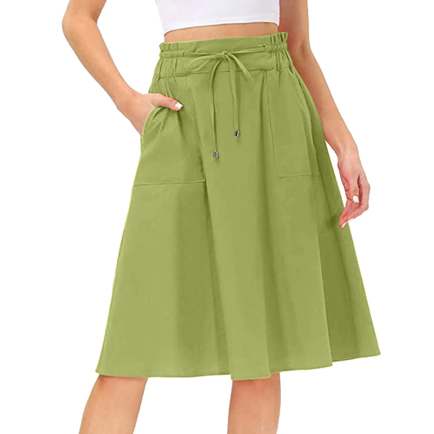 Summer Knee Length Boho Skirt Women Drawstring Ruffled High Waist Lace Up Solid Color A-Line Skirt Pockets Pleated Skirt