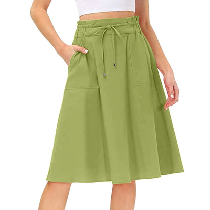 Summer Knee Length Boho Skirt Women Drawstring Ruffled High Waist Lace Up Solid Color A-Line Skirt Pockets Pleated Skirt