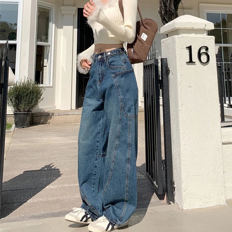 Autumn 2025 High Waist Slim Tapered Wide Leg Jeans Y2K Vintage Blue Denim Pants Dongdaemun Curved Hem for Women
