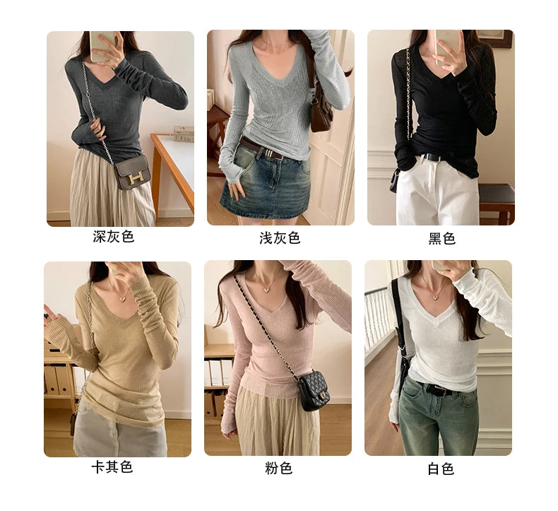 Autumn Sexy Classic V-neck Knitted Female T-shirts New Elastic Fashion Slim Simple Casual Pure Color Long Sleeves Women T-shirts