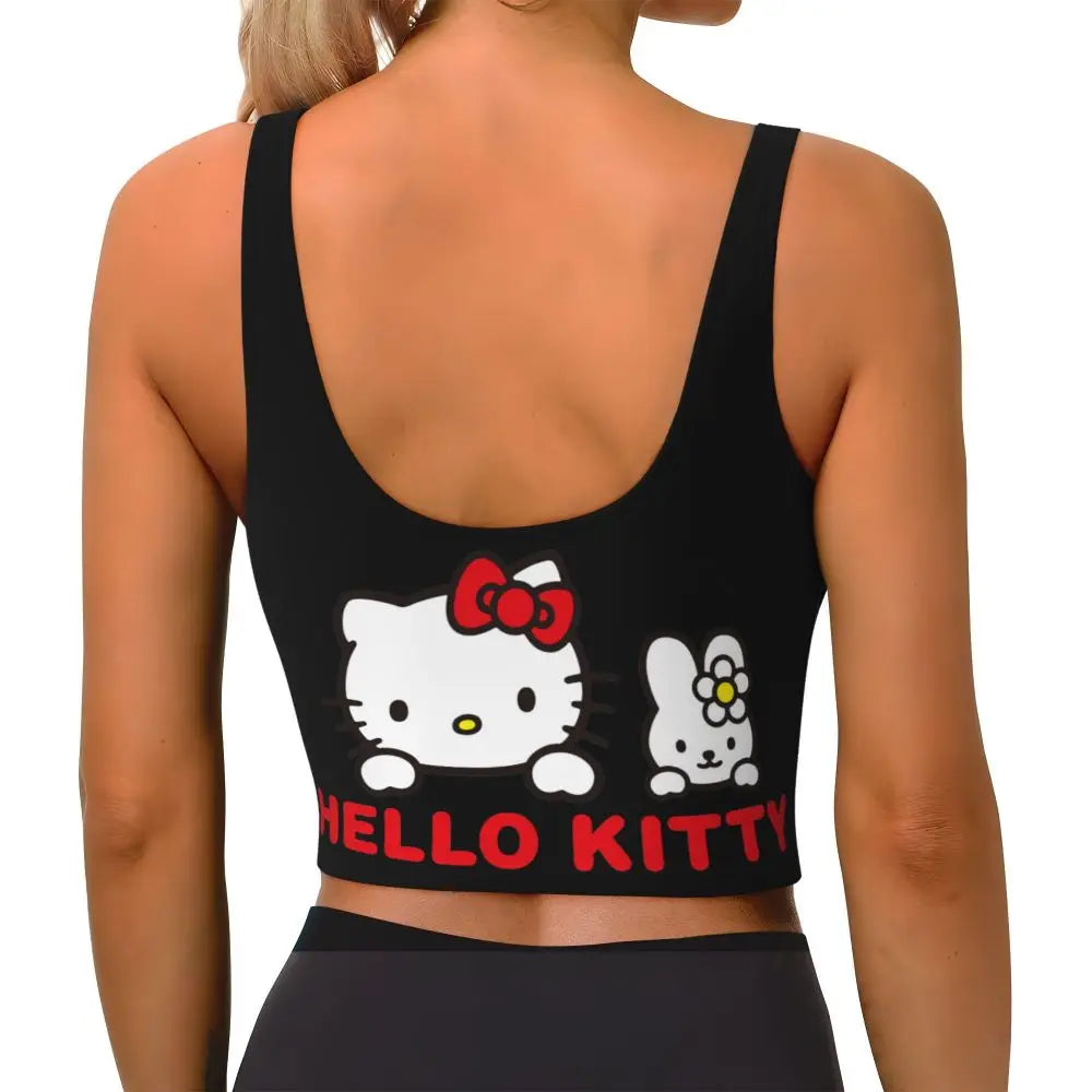 EtherealBe Hello Kitty sports bra for women featuring cute graphics on a comfortable black design