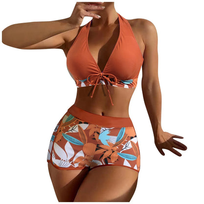 Women's Paneled Printed Swimsuit Ladies Fashion Sexy Split Boxer High Waist Swimsuit Two-Piece Set V-Neck Bathing Suits Female