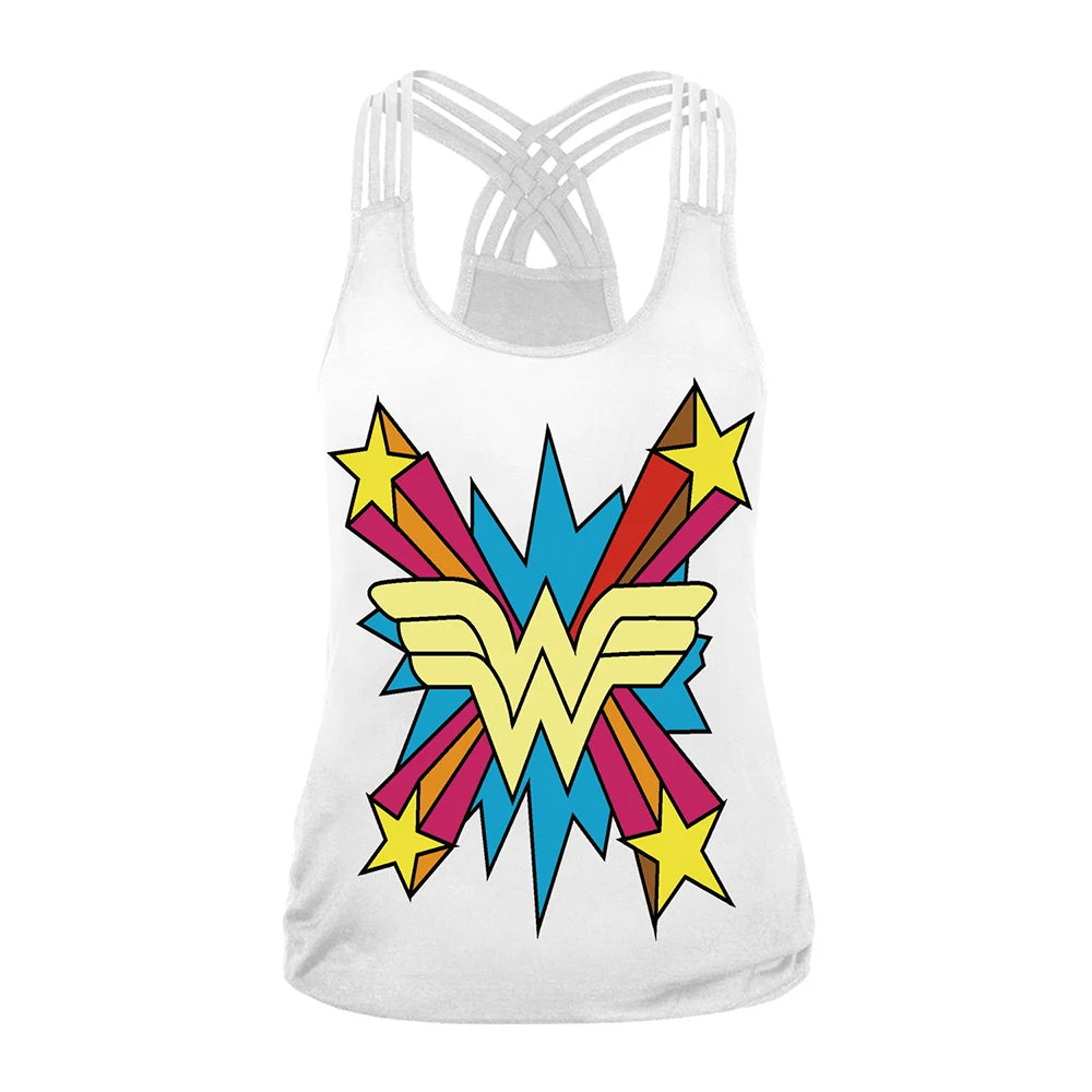 EtherealBe Halloween graphic workout tank tops for women featuring a colorful Wonder Woman design