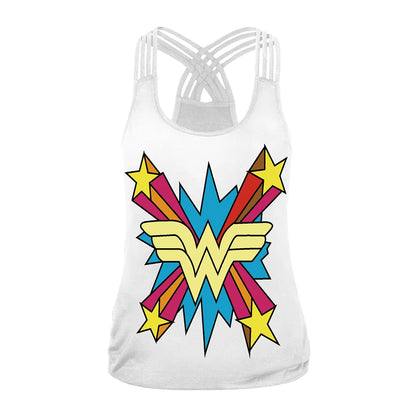EtherealBe Halloween graphic workout tank tops for women featuring a colorful Wonder Woman design
