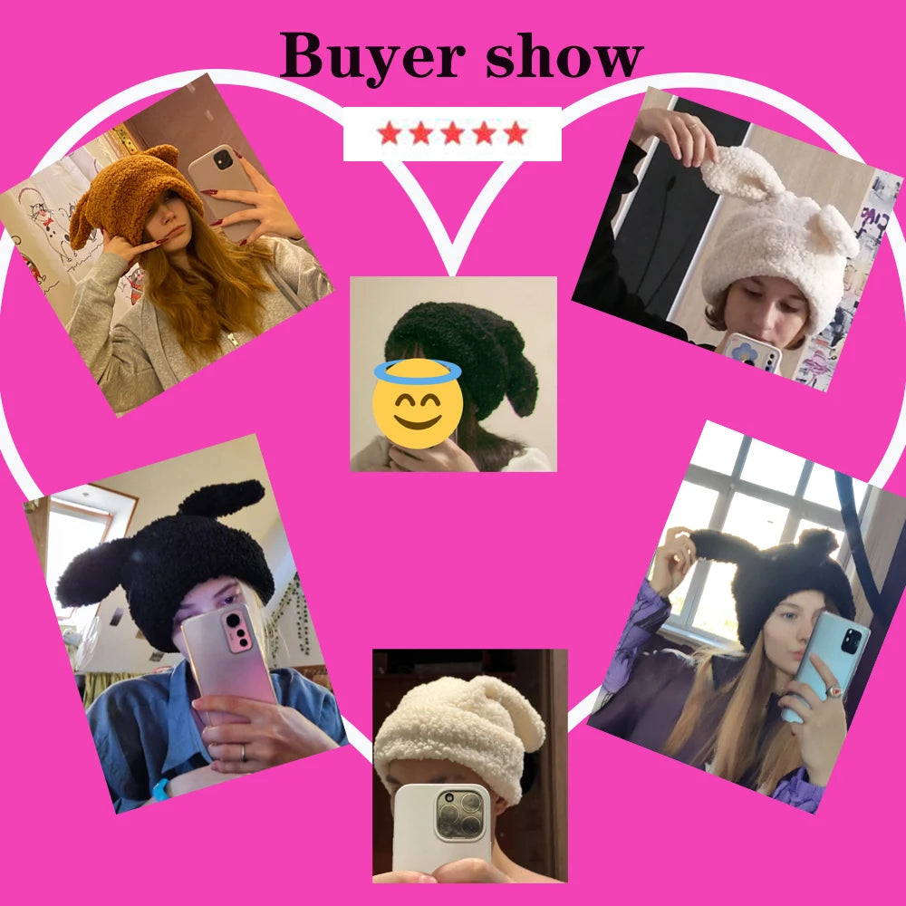 Draping Rabbit Ears Cashmere Hat Women Autumn and Winter Knitted Wool hat Winter Thicken Warm Korean Version of Japanese hat