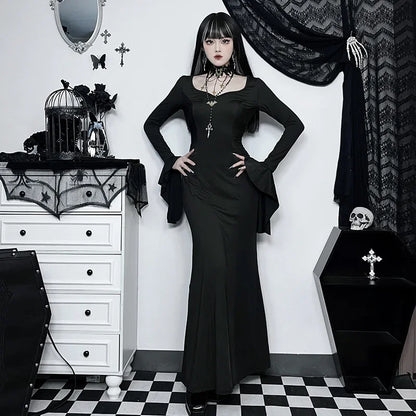 Cosplay Wednesday Dress Lady Halloween Costume for Women Sexy Long Fishtail Skirt Female Pagoda Sleeve Christmas Family Part # 1