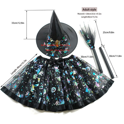 Halloween Adults Women Bat Pumpkin Witch Costume Set Tulle Skirt Hat Broom Skirt 3pcs/set,for Halloween Carnival Party Cosplay