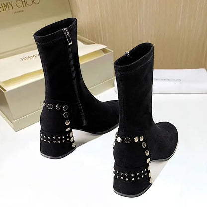 Mid Calf Round Toe Black Shoes For Women Ladies Boots Biker Footwear Studded Half High Gothic Hot Stylish And Low Price Pu