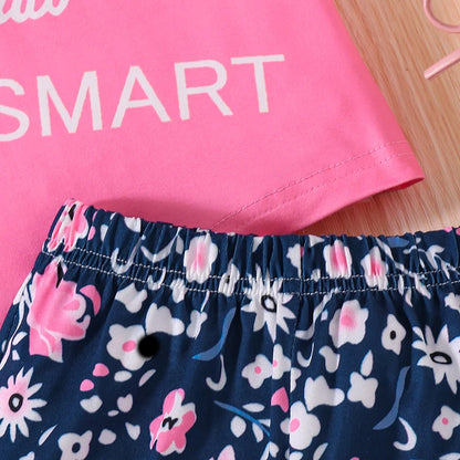 Kids Clothes Sets For Girls Pink Graffiti Print Fly-Sleeve Clothes And Print Shorts Children's Fashion 2PCS For Girls 4-7 Years
