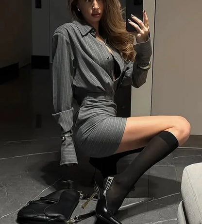 2025 Summer Fashion New Women's Elegant Office Staff Set Striped Collar Top Hip Wrapping Short Skirt Effect Two Piece Set