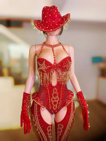 Women Sparkly Rhinestone Red Bodysuit 4Pieces Set Nightclub Party Stage Show Outfit Cabaret Carnival Showgirl Sexy Wear Hongding