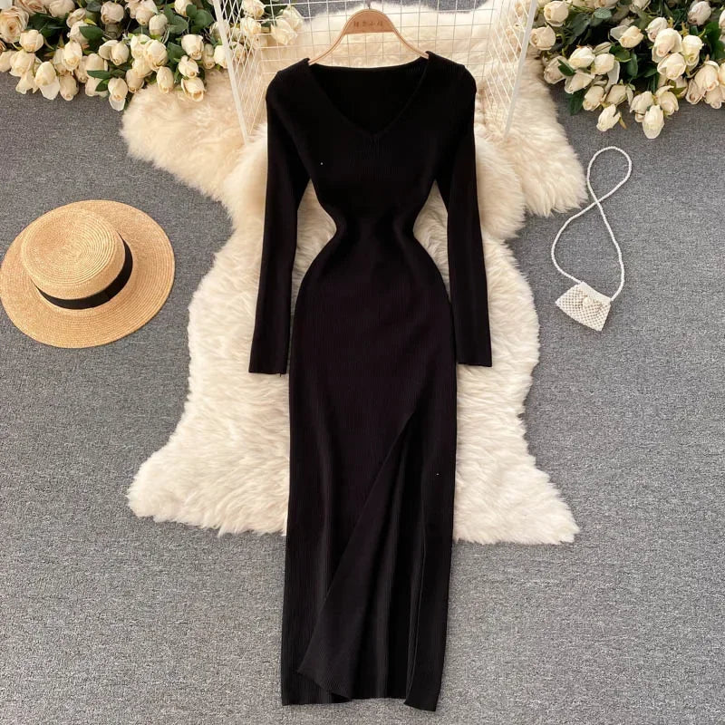 Autumn Winter Sexy High Split Sweater Dress Women Full Sleeve Basic Slim Elastic Bodycon Long Dress Party Vestidos