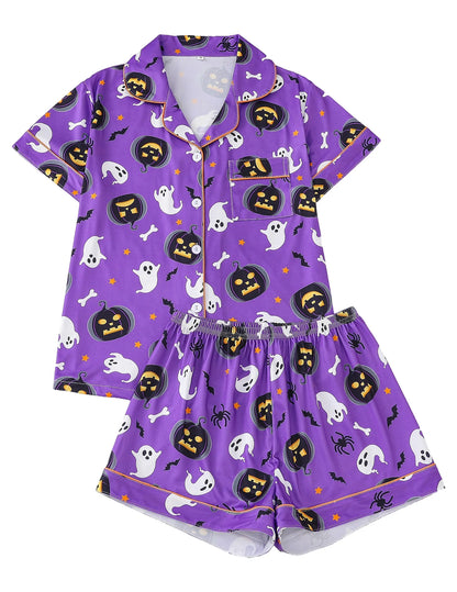 Women Halloween Pumpkin Bat Print Pajama Set,Breathable Lapel Loungewear Short-Sleeved Roll-Neck Shirt and Loose Shorts S-XXL