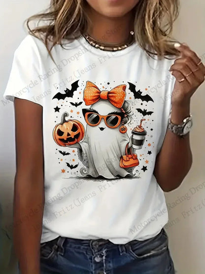 EtherealBe Halloween 3D print t-shirt women with ghost design and festive accessories