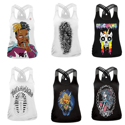 EtherealBe Halloween graphic workout tank tops for women featuring colorful designs and unique prints