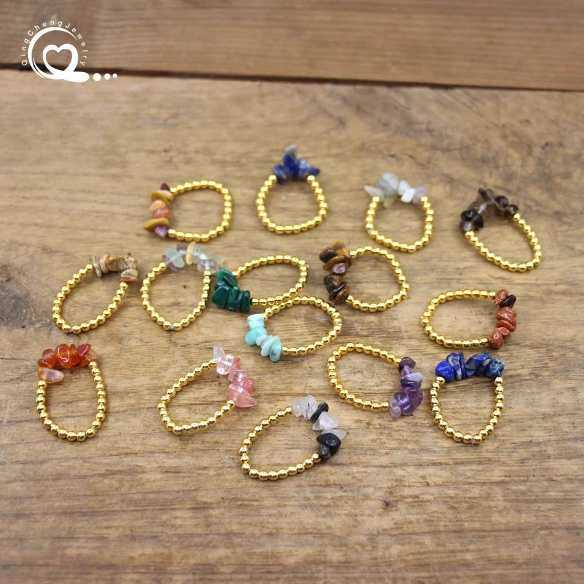 Healing Crystal Chip Stackable Rings Golds Brass Round Beads Natural Stone Gravel Stretchy Ring Fashion Women Jewelry,QC4218