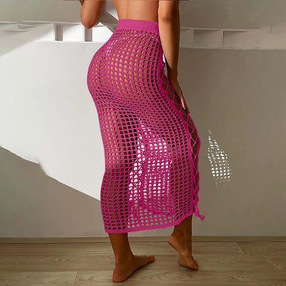 Summer Vacation Beach Cover Ups Women Crochet Knitting Skirts Sunscreen Solid Color High Waist Bodycon Hollow Out Long Skirt
