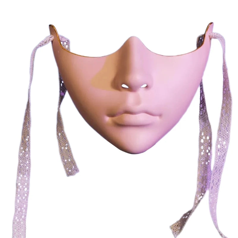 EtherealBe masquerade half face mask in pink with decorative ribbons for elegant parties