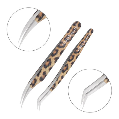Leopard eyelash extension tweezers set with precision tips for expert lash application