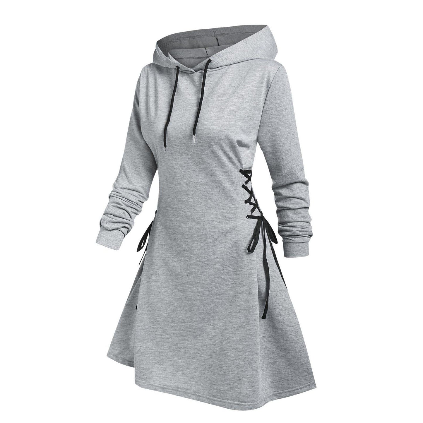 Autumn Long Sleeve Women Lace Up Sweatshirt Dress Fashion Solid Hooded Dresses Vestido Casual Drawstring Dress Streetwear платье