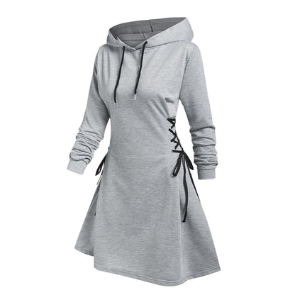 Autumn Long Sleeve Women Lace Up Sweatshirt Dress Fashion Solid Hooded Dresses Vestido Casual Drawstring Dress Streetwear платье