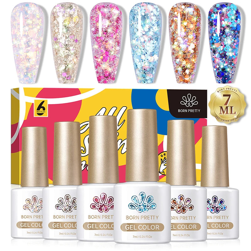 BORN PRETTY 7ml Glitter Gel Nail Polish Set Sparkly Shiny Gold Silver Pink Glitter Gel Polish Kit Winter Christmas Gift Box