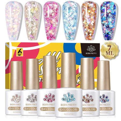 BORN PRETTY 7ml Glitter Gel Nail Polish Set Sparkly Shiny Gold Silver Pink Glitter Gel Polish Kit Winter Christmas Gift Box