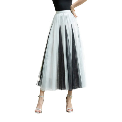 Women Color Block A-line Skirt Mid Length Drape Feeling High Waist Slim Mesh Skirts Carnival Festival Party Performance Costume