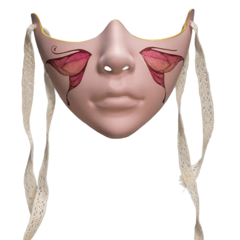 EtherealBe masquerade half face mask featuring delicate pink floral designs and a comfortable tie back