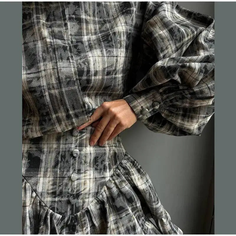 Plaid Print Shirt Ruffles Skirts Set Women Elegant Lapel Button Up Tops Loose Mini A-line Skirt Spring New Lady Chic Outfit LK9Q