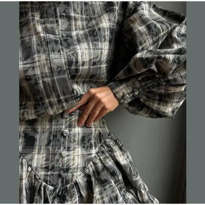 Plaid Print Shirt Ruffles Skirts Set Women Elegant Lapel Button Up Tops Loose Mini A-line Skirt Spring New Lady Chic Outfit LK9Q