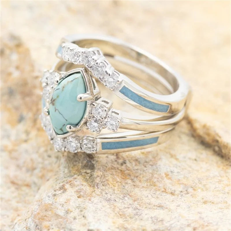 3 Pieces/Set Women's Turquoise Rings Delicate Moissanite Engagement Wedding Rings Anniversary Birthday Christmas Gift Jewelry