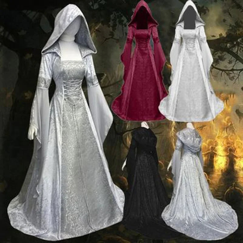 Women Deluxe Witch Dress Medieval Renaissance Maxi Train Dress Halloween Devil Pagan Witch Wedding Cos Costume Hooded Gown Robe