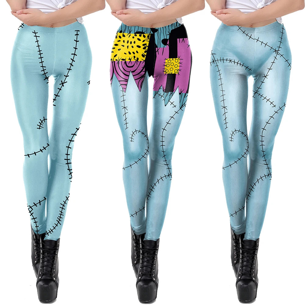 Nightmare Before Christmas Sally cosplay costume featuring colorful, patchwork leggings with stitched designs