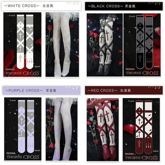 Women's Knee Stockings Dream Witch Thorns Cross Summer Lolita Socks Two-Dimensional Long Thighs Sexy Halloween Stockings Cosplay