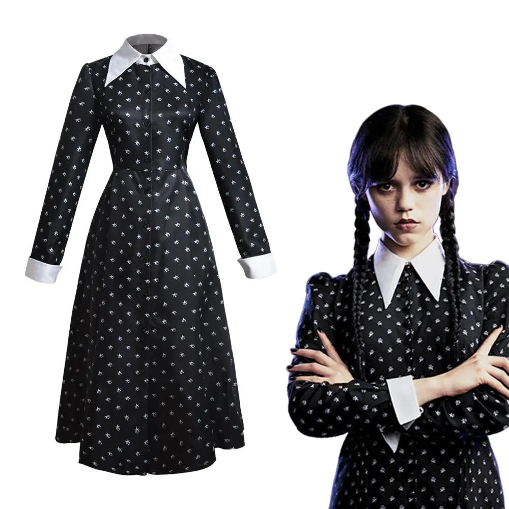 Wednesday Addams cosplay dress for women. Black long sleeve dress with white collar cuffs and tiny white motifs