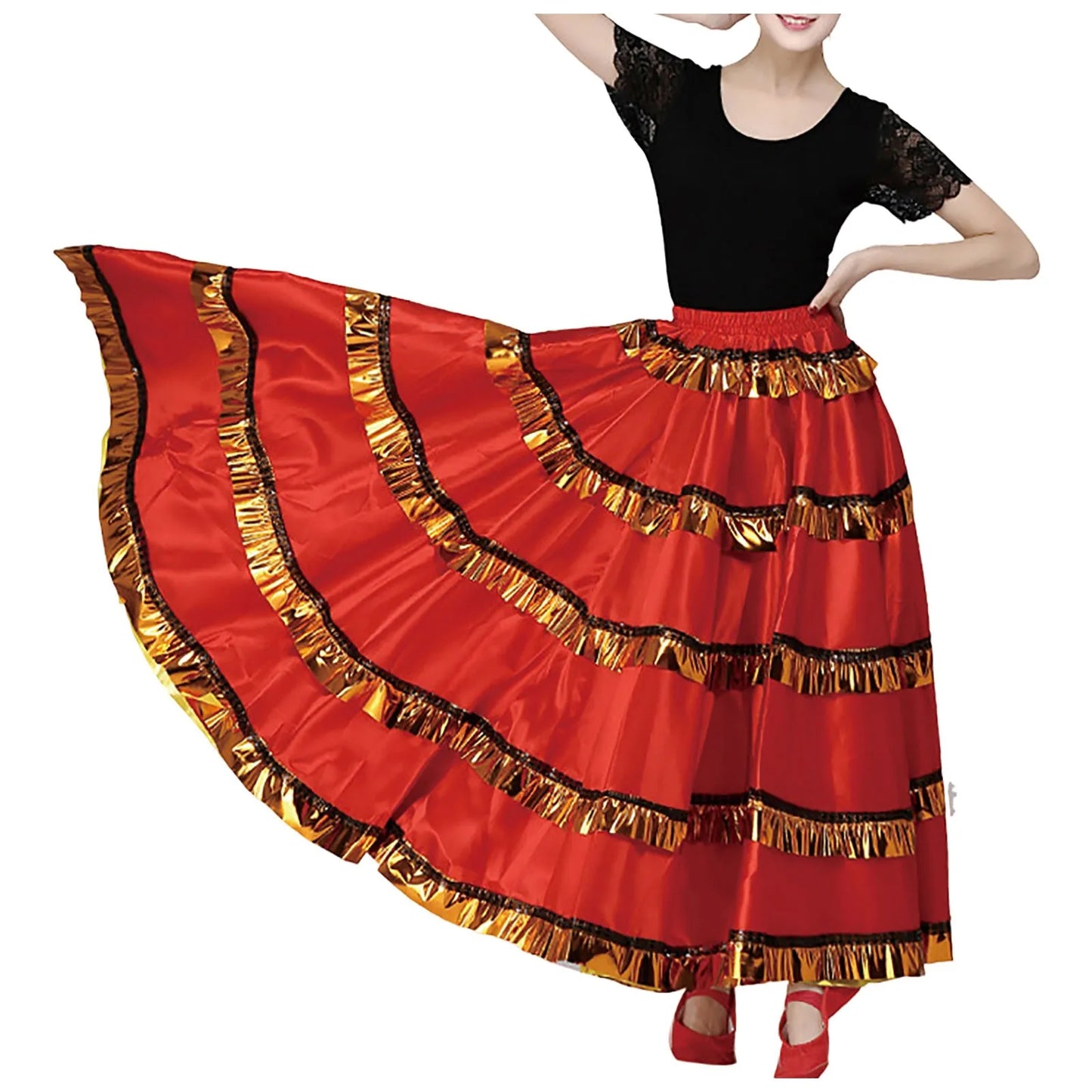 Womens Spanish Bull Dance Skirt Belly Dance Skirt Large Swing Skirt Ruffle Long Full Folkloric Mexican Skirt Flowy Dancing Dress
