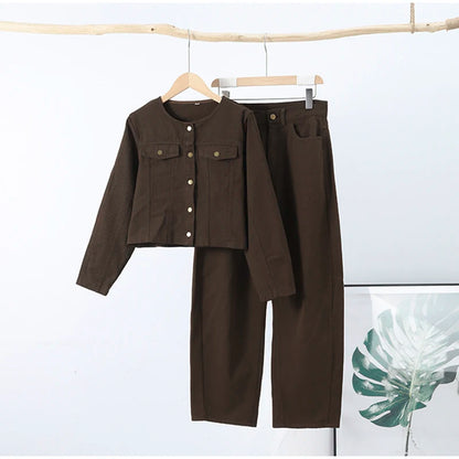 Vintage Solid Denim Jacket Pants Sets Women O-neck Single Breasted Long Sleeve Coat Wide Leg Trousers 2025 Jeans Outfits Street