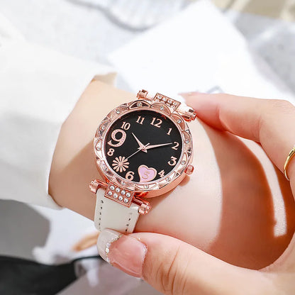 2/1PCS Fashion Heart Dial Women's Watches Luxury Leather Band Quartz Watch Rhinestone Bracelet Set Female Relogio Feminino