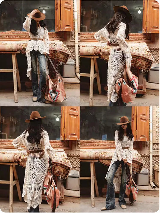 Knitted Beach Bikini Swimsuit Smock Dress Bikini Cover Up Pullover Boho Crochet Blouse Tops Women Tunic Robe Holiday Travel Wear