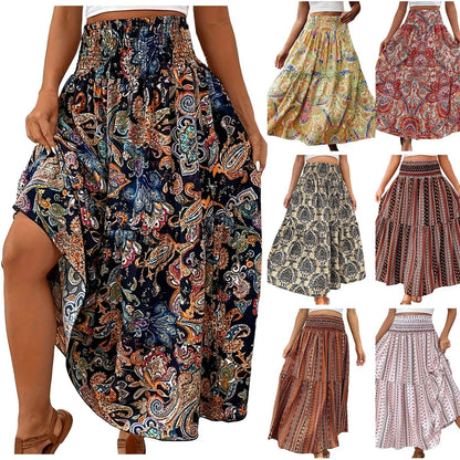 Vintage Boho Skirts For Women Summer Elastic Waist A-Line Faldas Bohemian Printed Flowy Skirt Beachside Swing Maxi Long Skirts