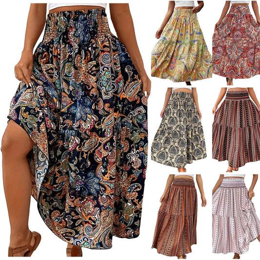 Vintage Boho Skirts For Women Summer Elastic Waist A-Line Faldas Bohemian Printed Flowy Skirt Beachside Swing Maxi Long Skirts