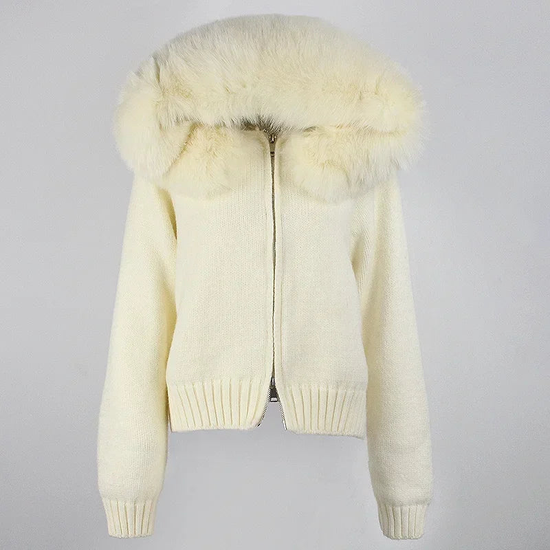 Coat Women Cardigan Natural Fox Fur Coat Women Real Mongolian Fur Knitwear Female Spring Autumn Hooded Knitted Fur Jacket